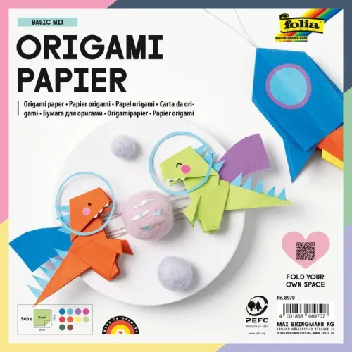Origami papír, 70g, 20x20cm, 500 ív/csg, vegyes színek - Folia