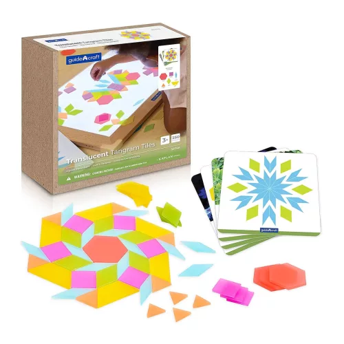 Tangram, színes áttetsző darabokkal, 250 db.