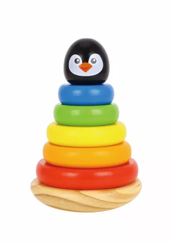FAJÁTÉK fatorony PINGVIN karikákkal montessori SZÍNES
