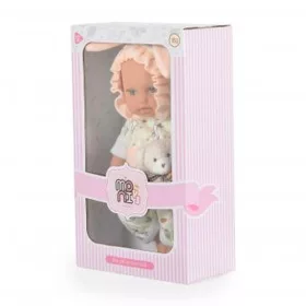 BABA 30cm  újszülött nyusziruhában kismacival SZÜRKE