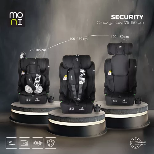SECURITY autós ülés belső övvel, isofix, ajándék 2plüss+párna 76-150cm FEKETE