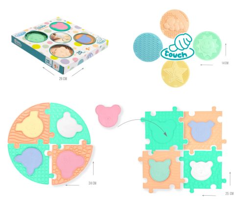 MOCHTOYS Play&Squish szenzorikus szőnyeg -kerek tapilapok 4db + PUZZLE 8+8 db PASZTELL