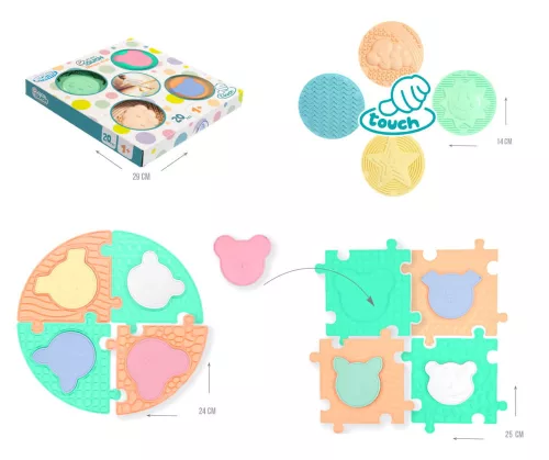 MOCHTOYS Play&Squish szenzorikus szőnyeg -kerek tapilapok 4db + PUZZLE 8+8 db PASZTELL