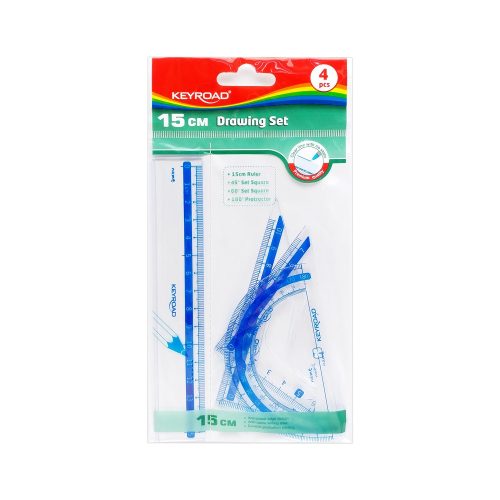 Vonalzókészlet, 15 cm, vonalzó, szögmérő, 45° és 60° háromszög vonalzók 4 db/bliszter Keyroad