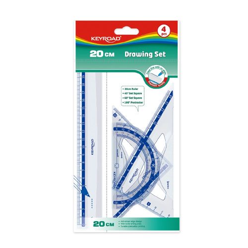 Vonalzókészlet, 20 cm, vonalzó, szögmérő, 45° és 60° háromszög vonalzók 4 db/bliszter Keyroad