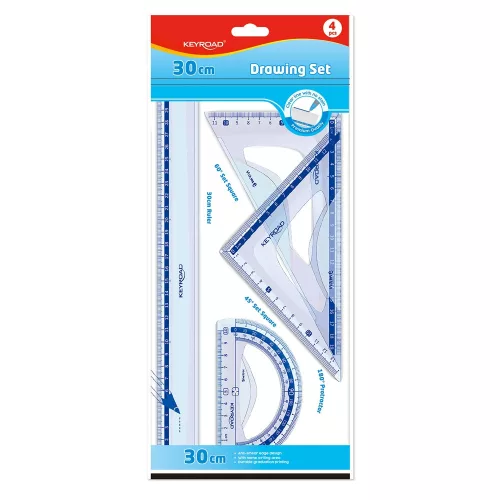 Vonalzókészlet, 30 cm, vonalzó, szögmérő, 45° és 60° háromszög vonalzók 4 db/bliszter Keyroad