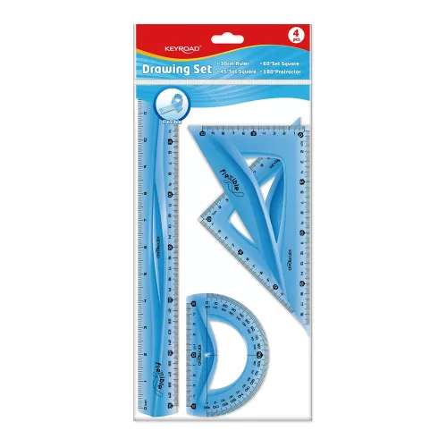 Vonalzókészlet, 30 cm, flexibilis vonalzó, szögmérő, 45° és 60° háromszög vonalzók 4 db/bliszter Keyroad vegyes színek
