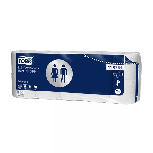 Toalettpapír 3 rétegű átmérő: 12 cm 150 lap/19,4 m/tekercs 10 tekercs/csomag Soft T4 Tork_110792 fehér