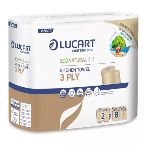 Papírtörlő konyhai 3 rétegű átmérő: 14,5 cm 200 lap/42 méter/tekercs 2 tekercs/csomag EcoNatural 2.3 Lucart_821639Jbarna