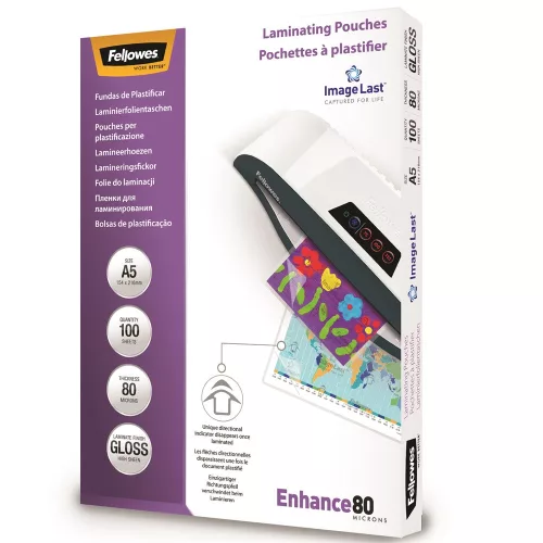 Lamináló fólia, A5, 80 mikron, fényes, 100 db/doboz, Fellowes®