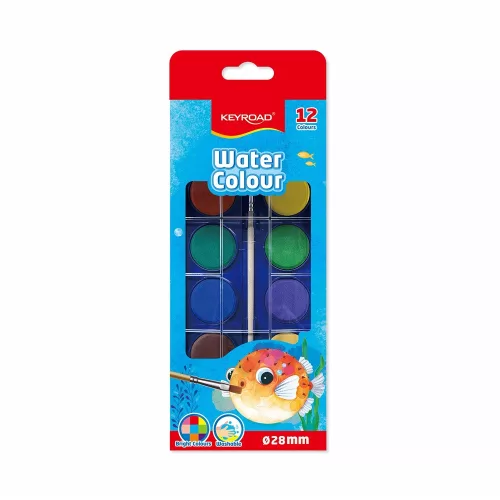 Vízfesték készlet, 12 db-os, 28 mm festékgombokkal, ecsettel, Keyroad