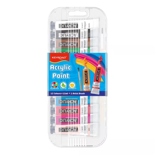 Akril festék, 12 x 12 ml, műanyag dobozban, Keyroad, vegyes színek