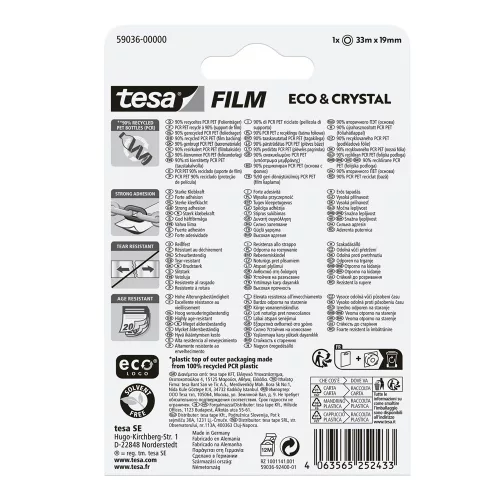 Ragasztószalag 19mmx33m irodai átlátszó újrahasznosított Tesa Eco & Crystal