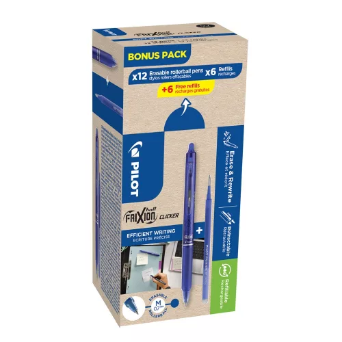Rollertoll 0,7mm, törölhető Pilot Frixion Clicker GreenPack, 12 toll + 12betét, írásszín kék