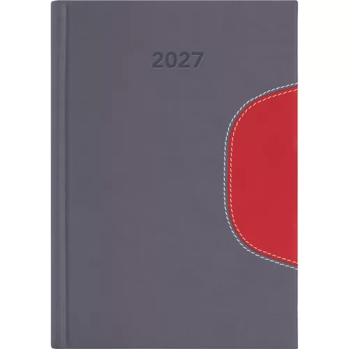 Határidőnapló Memphis A5 napi, fehér lapokkal szürke-piros Dayliner 2027.