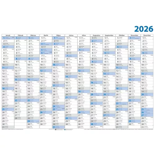 Plakátnaptár 980 × 680 mm, fehér lapokkal kék ívben Dayliner 2027.