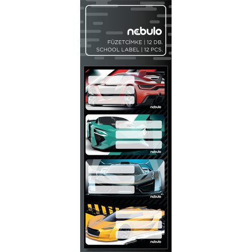 Füzetcímke 12db-os, Sportautó, vegyes minták, 25 ív/csomag, Nebulo