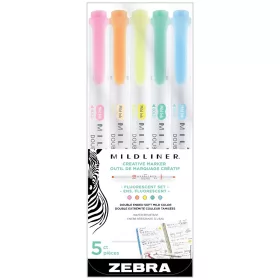   Szövegkiemelő készlet, 1,4/4 mm, kétvégű, Zebra Mildliner Fluorescent, 5 szín