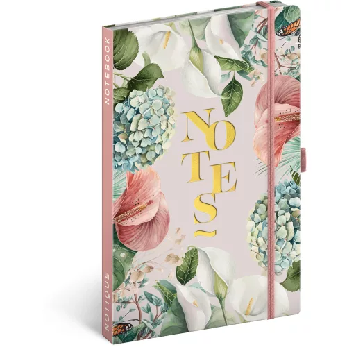 Keménytáblás notesz krémszínű lapokkal, vonalas, leszorító gumiszalaggal Lilium 130x210mm, Presco