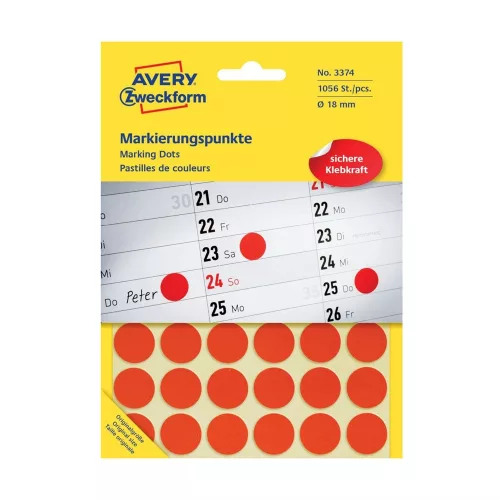 Etikett címke, o18mm, jelölésre, 24 címke/ív, 44 ív/doboz, Avery piros