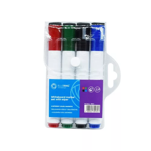 Táblamarker készlet, 3mm, mágneses, törlővel multifunkciós kerek Bluering®, 4 klf. szín