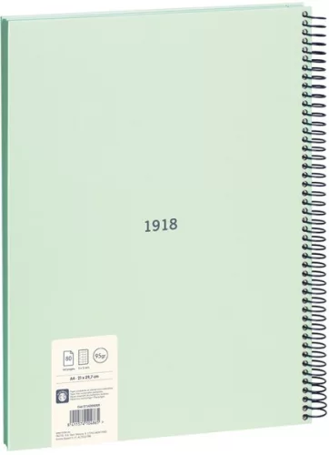 Spirálfüzet A/4 80 lapos, négyzetrácsos Milan "1918 Series" zöld|Zöld, Négyzetrácsos, 80 lapos