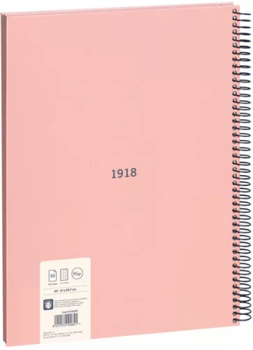 Spirálfüzet A/4 80 lapos, négyzetrácsos Milan "1918 Series" rózsaszín|Pink, Négyzetrácsos, 80 lapos