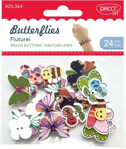 Fa dekoráció, pillangók Daco "Butterflies|Butterflies wood buttons, 24 db/cs, fa