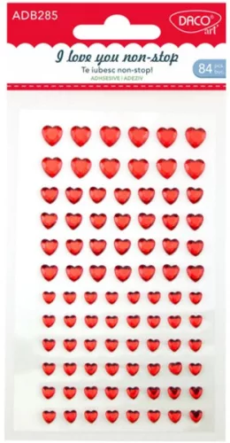 Strasszkő, öntapadós szívek Daco "I love you non-stop" piros|non-stop, 84 db/cs, öntapadó műanyag