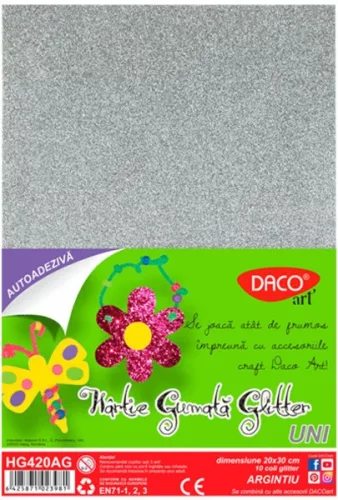 Dekorgumi A/4 öntapadós, csillámos 10 db/csomag Daco ezüst|glitteres öntapadós, ezüst, 10 db/cs,