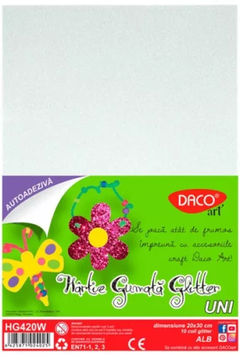 Dekorgumi A/4 öntapadós, csillámos 10 db/csomag Daco fehér|glitteres öntapadós, fehér, 10 db/cs,