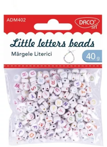Betűgyöngy, fűzhető 6 mm 40 g Daco fehér|Little letters beads, 40 g, műanyag