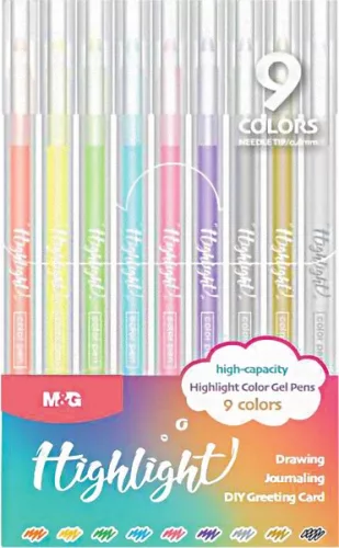 Zseléstoll készlet 0,6 mm M&G "Highlight" 9 szín|Fluo és metál, kupakos, 0,6 mm, AGPY5572