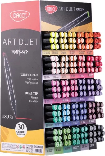 Alkoholos marker display 180 db-os kétvégű, vágott és gömb Daco "Art Duet" 30 szín|Daco Art Duet 180, 30 szín, 6db/szín,