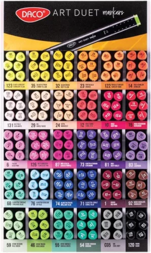 Alkoholos marker display 180 db-os kétvégű, vágott és gömb Daco "Art Duet" 30 szín|Daco Art Duet 180, 30 szín, 6db/szín,