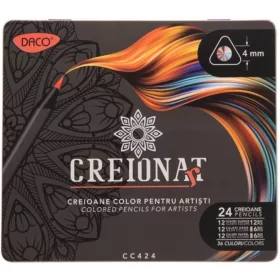   Színesceruza készlet fém dobozos Daco "Creion Art" 24/36 szín|Kétvégű/Normál, Alap/Neon/Pasztell,