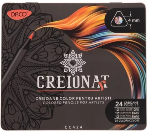 Színesceruza készlet fém dobozos Daco "Creion Art" 24/36 szín|Kétvégű/Normál, Alap/Neon/Pasztell,