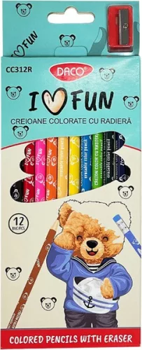 Színesceruza készlet radíros, ajándék hegyező Daco 12 szín|hengeres test, hegyezővel, CC312R