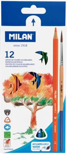 Színesceruza készlet akvarell, háromszög test, ajándék ecset Milan "Aqua" 12 szín|háromszög+ecset 0742312 12 db/doboz