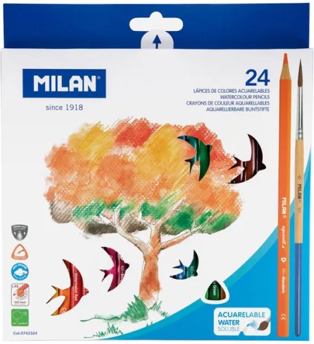 Színesceruza készlet akvarell, háromszög test, ajándék ecset Milan "Aqua" 24 szín|háromszög+ecset 0742324 6 db/doboz