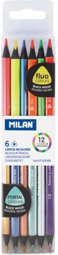 Színesceruza készlet kétvégű, fekete fa, háromszög test Milan 6/12 fluo és metál szín|kétvégű, háromszög test, 07123306