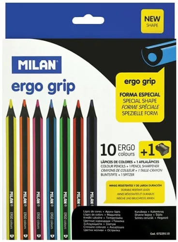 Színesceruza készlet fekete fa, speciális test, ajándék hegyező Milan 291 "Ergo" 10 szín|Ergo, ajándék hegyezővel, 07229110