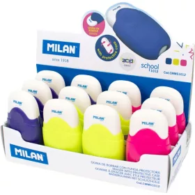   Radír, műanyag tokos Milan 1012 "School" vegyes színek|12 db/dob., 62x28x12 mm, fluo, CMMS1012