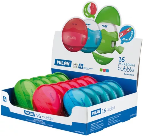 Hegyező 1 lyukú, tartályos, radírral Milan "Bubble|tartályos 4704116, 16 db/dispay