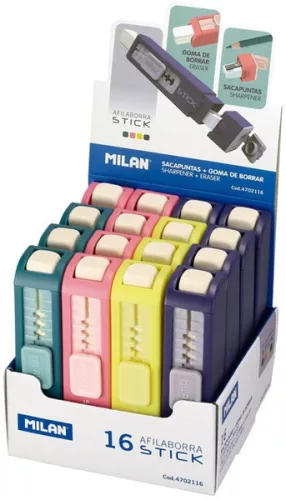 Hegyező 1 lyukú, tartályos, radírral Milan "Stick|tartályos 4702116, 16 db/dispay