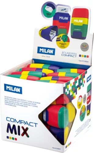 Hegyező 2 lyukú, tartályos, radírral Milan "Compact" Mix|2-es tartály+radír, 24db/display