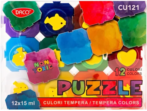 Tempera készlet 15 ml Daco "Puzzle" 12 szín|12x15 ml, habbélyegzővel, CU121