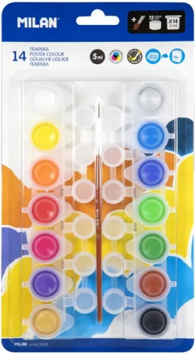 Tempera készlet 5 ml 12 db keverő tégellyel Milan 14 szín|14 db 5ml-es tempera+ecset+12 db tégely