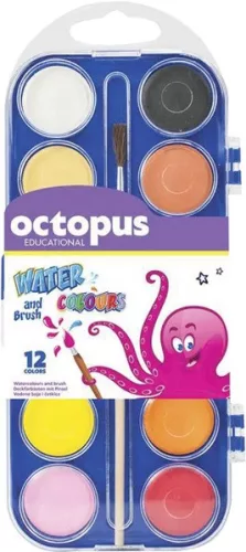 Vízfesték 28 mm, ajándék ecset Octopus 12 szín|ecsettel, nagy 28 mm, UNL-0435