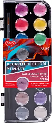 Vízfesték 23 mm, ajándék ecset Daco 16 metál szín|színek, 23 mm, ecsettel, AR160